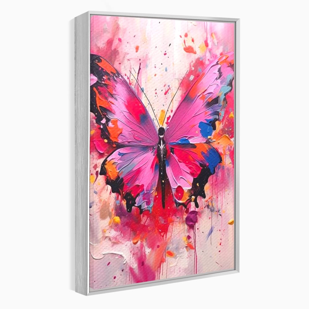 Tablou canvas cu pictura digitala cu fluture roz, in rama de aluminiu argintiu